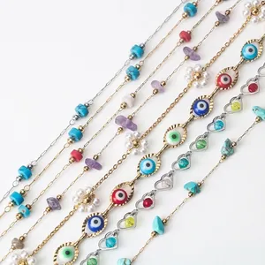 DIY Jewelry Making Chain Stainless Steel Evil Eye Crushed Natural Stone Faux Artificial Pearl Heart Handmade Bohemian Necklace Accessory