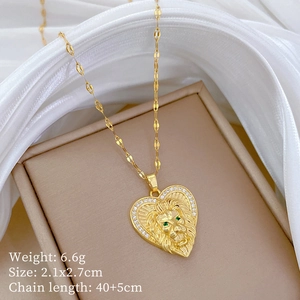 Detail view of heart lion necklace with weight, size, and chain length measurements