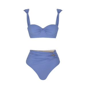 Ensemble bikini bleu violet deux pièces avec bas taille haute et haut bandeau plissé