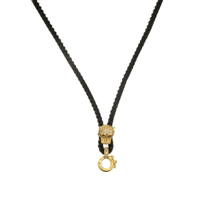 Braided black necklace cord with gold panther pendant encrusted with sparkling crystals