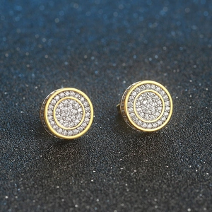 Hip-hop style round two-tone iced-out stud earrings with AAA cubic zirconia in gold and silver