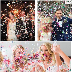 Dynamic scenes of colorful push-pop confetti being used at indoor and outdoor weddings