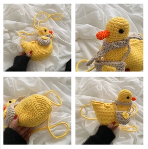 Detail showing various angles and textures of a cute handmade crochet yellow duck bag