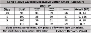 Detailed size chart for brown plaid long sleeve cotton shirt with tiered decoration