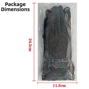 Grey thermal knit gloves with bow detail showing 24.5cm by 11.5cm package dimensions