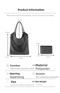 Detail view of black and white geometric tote bag with matching pouch and size dimensions
