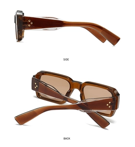 Detail view of retro square tortoise sunglasses with gold star rivets and side temple texture