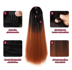 Detail of drawstring ponytail with breathable net, fixing clips and premium fiber hair