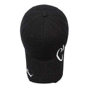 Classic black cotton baseball cap with white Cloud embroidery and distressed brim detail