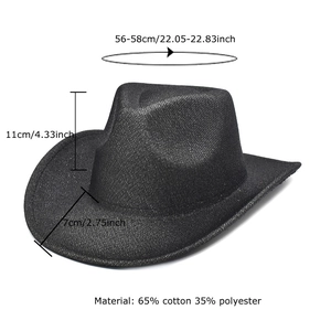 Black glitter western cowboy hat with size details and 65% cotton blend material
