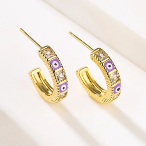 Evil Eye C Shape Stud Earrings Copper Real Gold Plated Cubic Zirconia Enamel Ribbed Retro Jewelry For Women