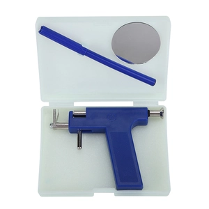 Complete blue ear piercing gun kit with marker and mirror in a white plastic storage box