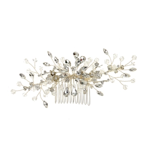 Peigne à cheveux argenté avec fleurs en cristal et perles pour coiffures de mariage