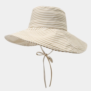 Wide brim sun hat with beige stripes and adjustable ribbon tie for summer uv protection