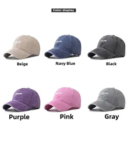 Detailed view of fox embroidery baseball caps in six vintage washed cotton color options