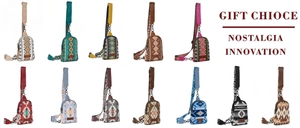 Matrix layout of twelve canvas crossbody bags with ethnic geometric patterns and PU leather