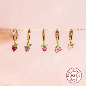 S925 sterling silver mini tropical fruit dangle earrings with golden finish in fruit shapes