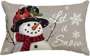 Linen Christmas snowman throw pillow cover with Let it Snow text and red cardinal birds