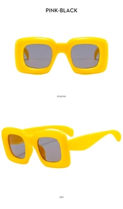 Front and side views of bright yellow square bubble sunglasses for children with dark lenses