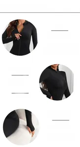 Detail of black athletic zip-up jacket showing thumbholes and breathable hollow-out design