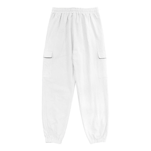Detailed view of elastic waist and drawstring on white cotton linen cargo pants