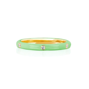 Detail of mint green enamel ring with 18K gold plating and sparkling zircon stones