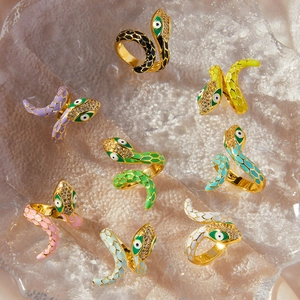 Hip-hop snake-shaped gold rings with colorful enamel scales and sparkling crystal accents