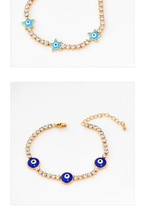 Detail of gold evil eye bracelets with blue star elements and sparkling crystals