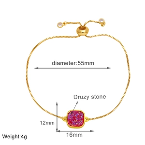 Detail of adjustable 18k gold plated bracelet featuring a pink druzy quartz stone