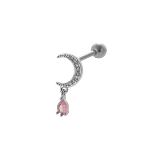 Detail of silver moon stud earring with pink teardrop crystal and screw back