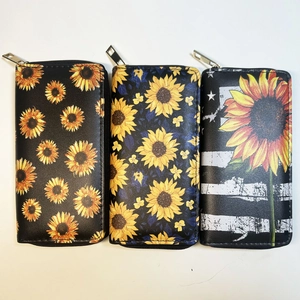 Three long PU leather zipper wallets featuring vibrant sunflower prints and stripes