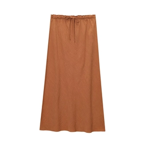 Linen midi skirt in caramel brown with elastic drawstring waist and A-line silhouette