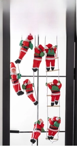 Close-up of climbing Santa Claus figurines on a rope ladder for festive wall decoration