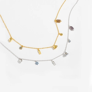 S925 silver necklace featuring flower globe and plane charms with blue crystals