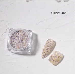 Macro view of multi-color nail art glitter powder in a jar with knitted texture finish