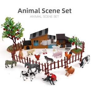 Détails de l'ensemble d'animaux de la ferme avec maison miniature, arbres et clôtures