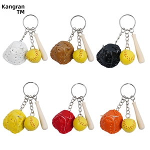 Detailed view of mini baseball keychain sets in six colors with leather gloves and wood bats