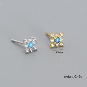 Snowflake opal earrings in silver and gold plating with zircon accents, 5.3mm studs