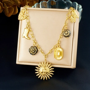 Vintage Gold Plated Stainless Steel Charm Necklace Sun Face Cowboy Boot Heart Rose Hamsa Hand Bohemian Jewelry Women