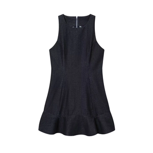 Sleeveless Denim Mini Dress Round Neck Ruffle Mermaid Hem Back Zipper Casual Elegant Women Clothing