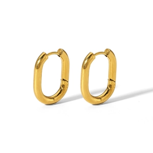 Detail view of polished gold oval hoop earrings showing the secure clasp and high-gloss finish