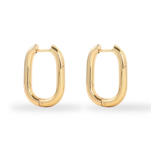 Detailed view of polished 18K gold-plated stainless steel oval hoop earrings on white background