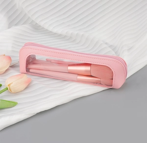 Pink makeup brush set with portable transparent PVC pouch and rose gold metal ferrules