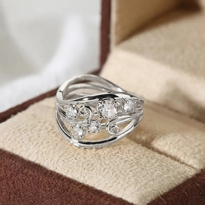 Detailed macro view of the silver multi-layer vine ring with sparkling zircon stones