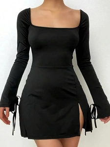 Detail of square neckline and lace-up cuffs on black high-waisted split mini dress