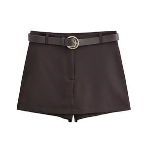 Women's black tailored skort with high waist and brown leather belt featuring metal buckle
