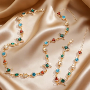 Vintage-Schmuckset aus Gold mit bunter Edelsteinkette und passendem Armband