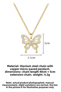 Detail showing titanium steel necklace with zircon butterfly pendant and dimensions