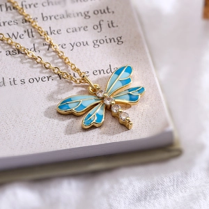Exquisite 18K gold dragonfly pendant necklace with blue enamel and clear crystals