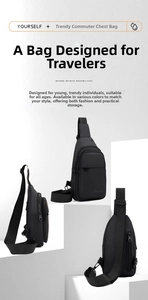 Three-sided view of a black minimalist waterproof crossbody bag with adjustable strap